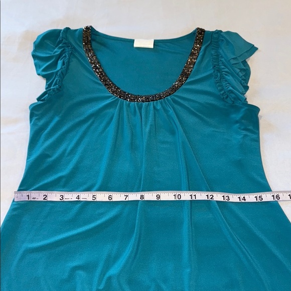 Clientele Shirt Embellished Short Flutter Sleeve Asymmetric Tunic Teal Burgundy - Picture 8 of 15